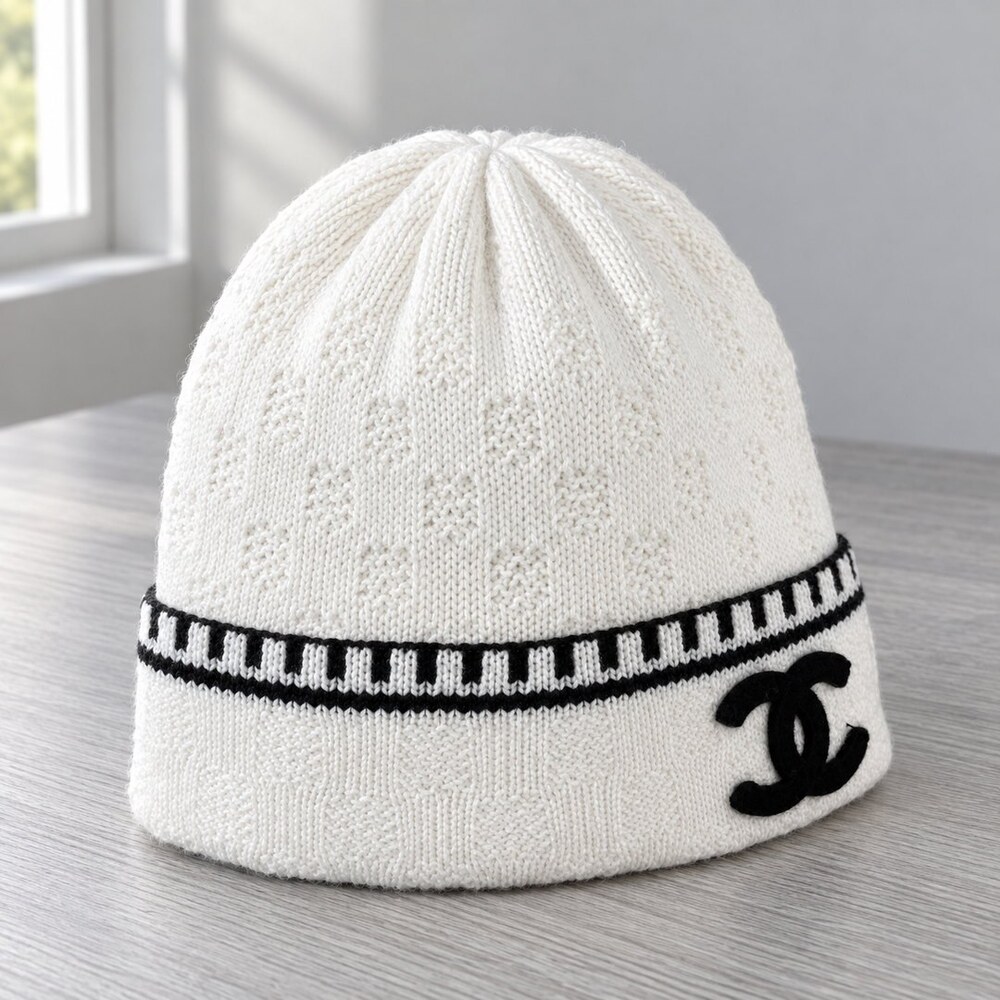 CHANEL White Striped Knit Beanie - Picture 4 of 6